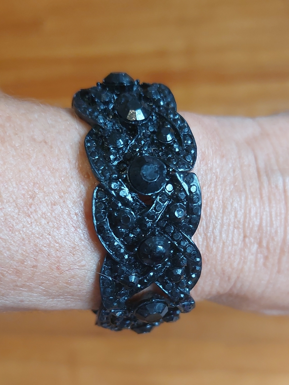 🩵3/$25 Vintage Black Rhinestone Statement Elastic Stretch Cuff Bracelet